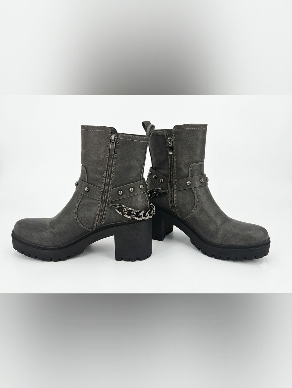 ​Nine West Grey Ankle Boots Chain & Stud Strap Chunky Heel Lug Sole Sz 8.5 M